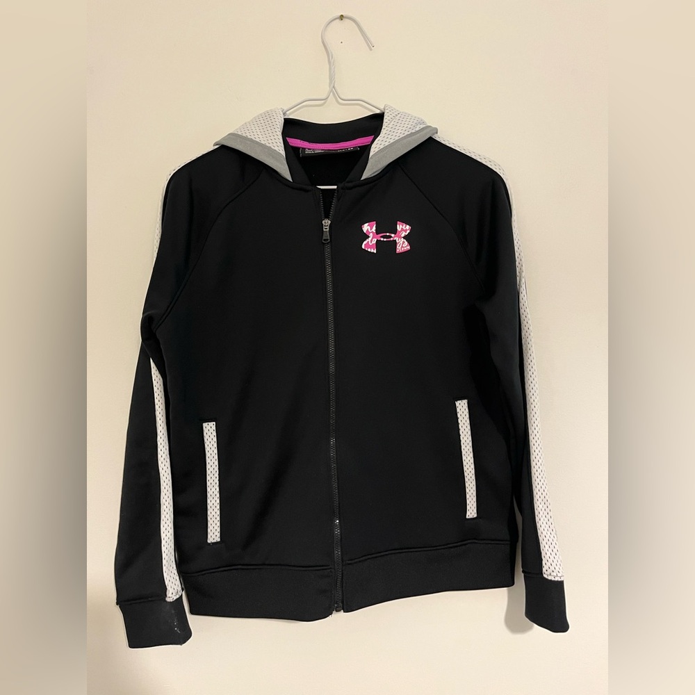 Under Armour  Kids Black Hoodie with Pink Logo and White Accents